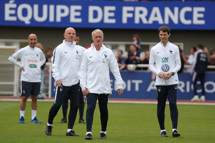 Entraînement à Clairefontaine le 30 mai 2019 avec Guy Stéphan et Didier Deschamps.