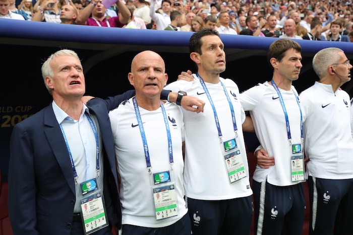 Pendant la Marseillaise, le 15 juillet 2018 à Moscou.